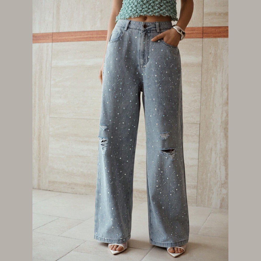 Silver Rhinestone Ripped Wide Leg Jeans - Picture 5 of 6